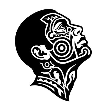 Male Head with Spiral Tribal Tattoo Pattern Side View Dark Black and White Vector Illustration