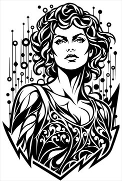 Ornate Fantasy Woman with Floral Elements and Stars Dark Portrait Black and White Vector Illustration
