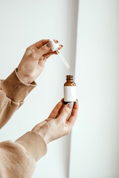 A close-up of hands holding a skincare dropper bottle with a beige sweater and blank label