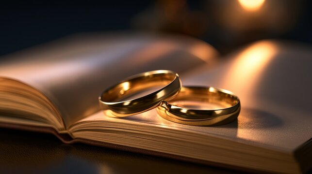 Gold wedding rings resting on an open law book, symbolizing marriage, commitment, and legal unions