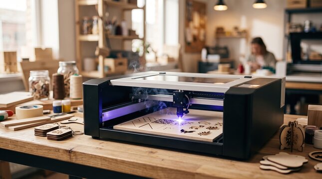 Laser engraver crafting wood in modern workshop