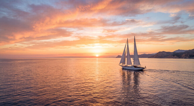Sailing yacht at sunset, luxury sailboat sailing on calm ocean water during golden sunset, romantic sea landscape with sun reflections, serene nautical travel and cruise concept.