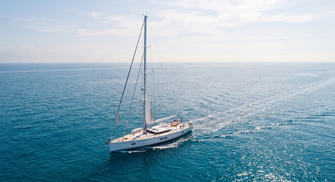 Sailing yacht on ocean, white sailboat cruising on blue sea water under bright sunny sky, aerial view of luxury sailing vessel, nautical travel and summer vacation sports.