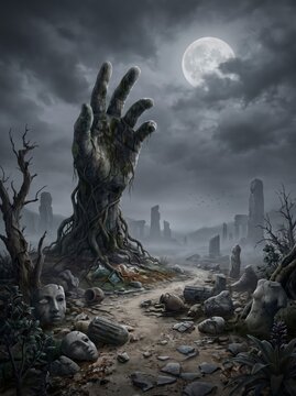 A giant stone hand emerges from a desolate landscape scattered with broken statues and ruins under a cloudy full moon.