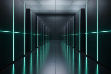 Obraz premium Futuristic server room corridor with glowing cyan light lines