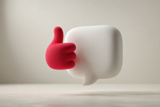 Thumbs Up Speech Bubble: A stylized 3D illustration of a bright red thumb with a thumbs-up gesture, attached to a clean white speech bubble, symbolizing approval and positive feedback.