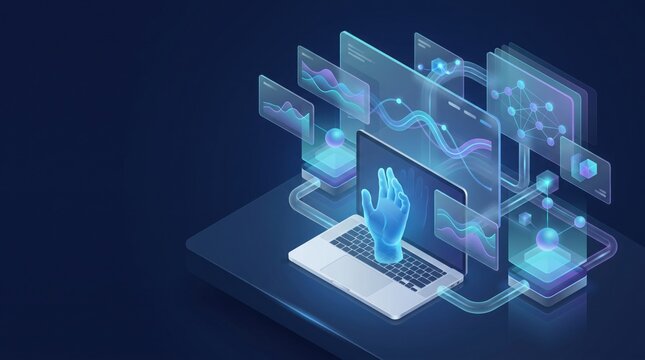 Isometric digital illustration of a hand interacting with a laptop screen and floating data analytics panels.