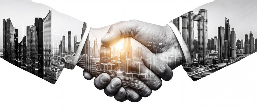 Business handshake double exposure with cityscape featuring black and white modern skyscrapers, isolated on a white background for corporate partnership and investment media