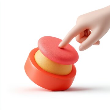 A stylized hand presses a round, red button on a yellow and orange object, creating a playful, graphic representation of action and engagement.