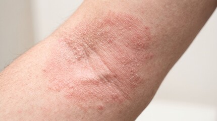 Fototapeta premium Macro shot of red atopic dermatitis eczema rash on elbow