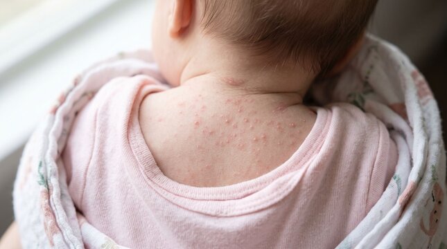 Prickly heat rash miliaria red bumps on baby upper back