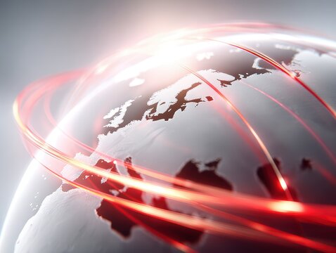 Digital Globe with Red Light Streaks: A stylized digital representation of Earth, seen from space, is encircled by vibrant red light streaks, symbolizing global connectivity and technology.
