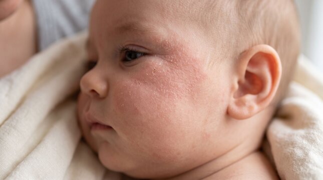 Close up of baby with atopic dermatitis eczema on cheek