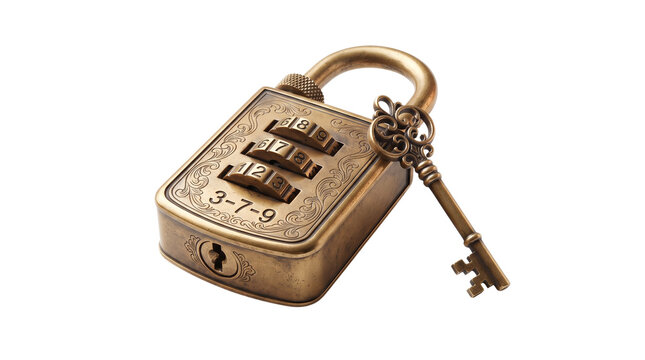 Vintage brass combination padlock with skeleton key, antique bronze security lock with 3-7-9 code, old metal lock for escape rooms