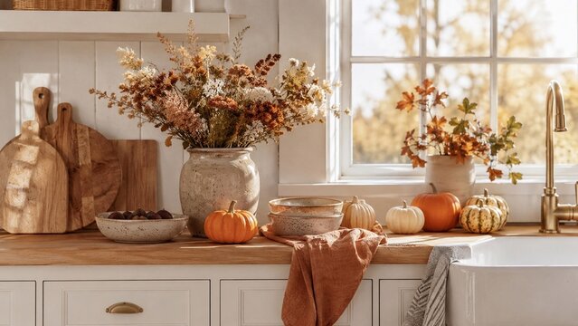Cozy Autumn Kitchen Decor with Pumpkins and Flowers Warm autumn kitchen scene with pumpkins, dried flower arrangement, wooden cutting boards, soft textiles, and natural light from a bright window