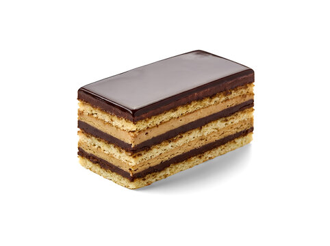French opera cake slice with ganache isolated on transparent background