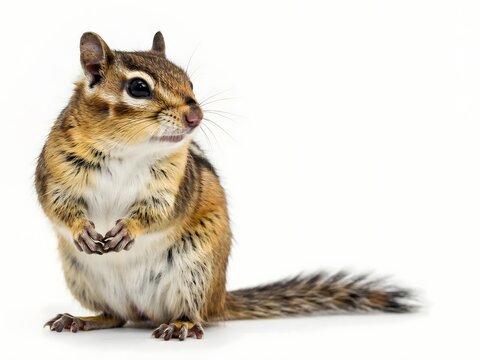 Close-up portrait of wild chipmunk sitting on white background with fluffy striped tail