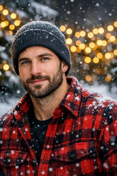 Smiling man in red plaid jacket and knit beanie in falling snow with warm holiday bokeh lights for seasonal portrait background