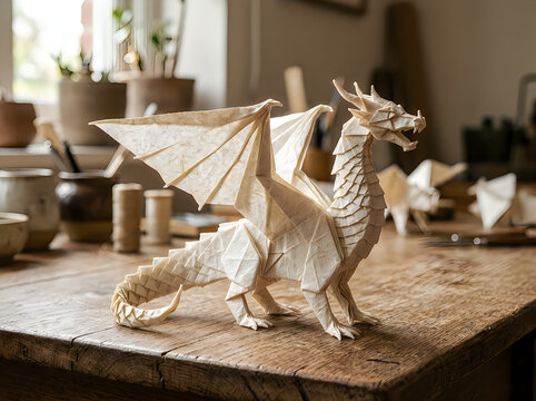 Small green and white dragon toy on a wooden table