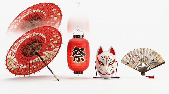 Traditional Japanese culture festival elements with red lantern and kitsune mask