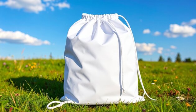   
White drawstring bag with black cords on green grass under blue sky&mdash;symbolizing simplicity, freshness, and modern outdoor lifestyle.