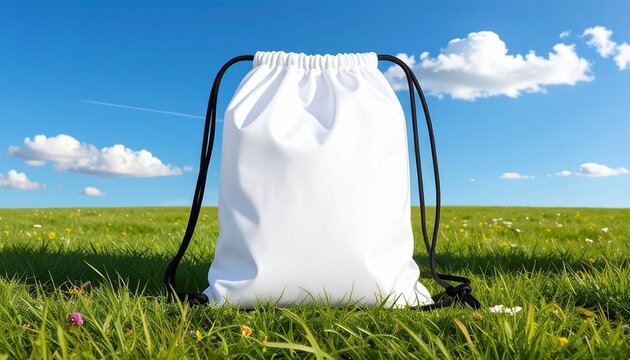   
White drawstring bag with black cords on green grass under blue sky&mdash;symbolizing simplicity, freshness, and modern outdoor lifestyle.