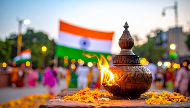 Brass oil lamp with flame and marigold petals before Indian flags&mdash;symbolizing light, unity, and cultural pride during Independence Day celebration.