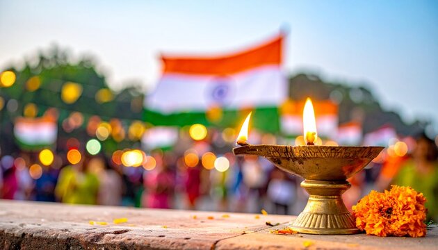 Brass oil lamp with flame and marigold petals before Indian flags&mdash;symbolizing light, unity, and cultural pride during Independence Day celebration.
