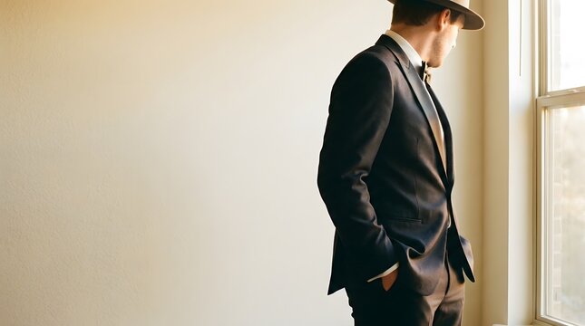 Elegant man in tuxedo and hat standing by window with hands in pockets, looking away with wide negative space.

