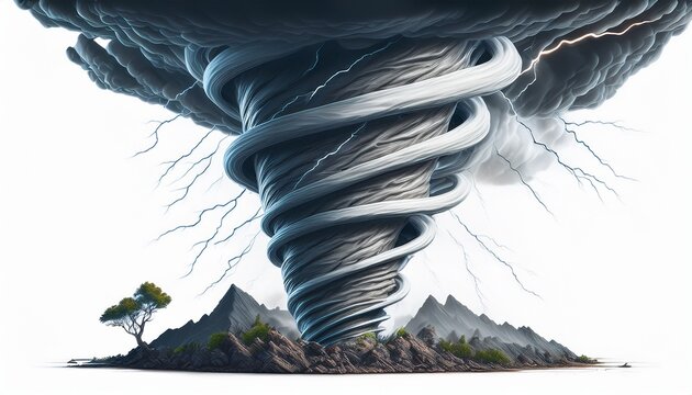 realistic tornado with lightnings destructive hurricane isolated on white background wind cyclone twisted vortex with flashes of light and flying stones dangerous natural disaster