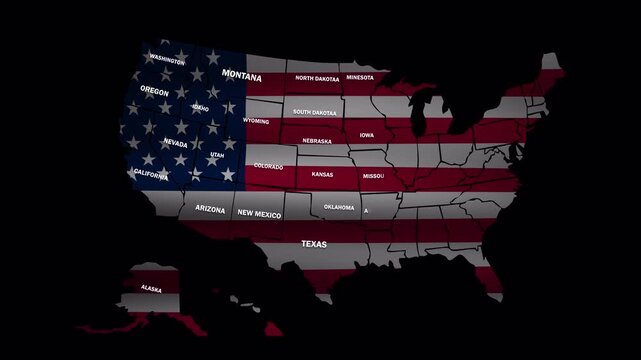 Animation of United States map with American flag colors, state borders and names, with alpha channel for geography, education and patriotic projects