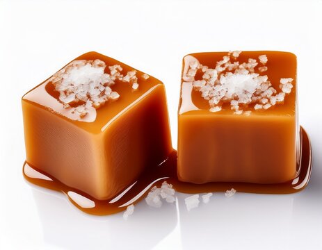 two salty or salted caramel candy cubes topped with caramel sauce and sea salt on white background