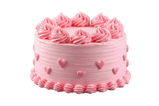 Pink frosted cake with heart decorations and piped swirls
