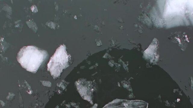 A vessel carves its path through the remote Arctic Ocean, surrounded by a mosaic of sparkling ice. Drifting floes and shattered ice shimmer on the dark, chilling waters under a soft, northern light.
