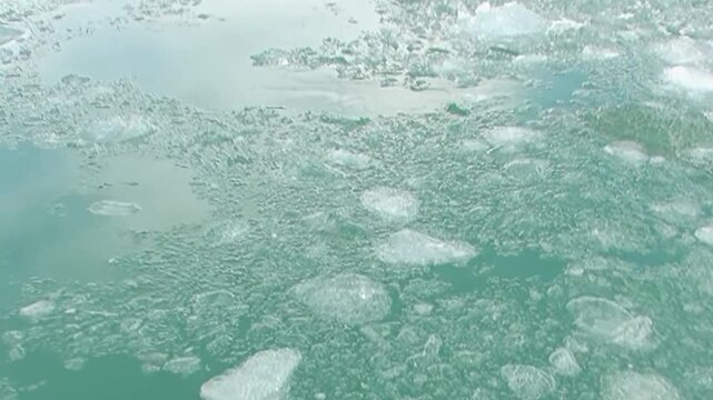 Experience the majestic Arctic Ocean from a ship's perspective. Countless ice floes and fragments shimmer on the turquoise water under the expansive sky.