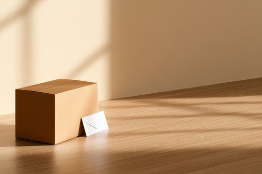 Cardboard delivery box with an unsealed white envelope on a wooden table