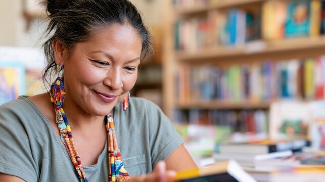 Woman reading in a library setting with focused expression and colorful necklace