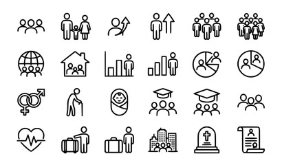 Fototapeta premium Collection of social people and demographics line icons with demographics population community business statistics analysis graduation relationship management corporate