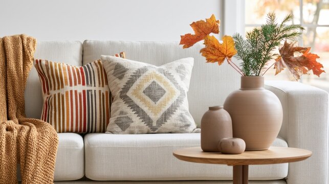 Cozy autumn living room decor with throw pillows and fall leaves arrangement for interior design inspiration