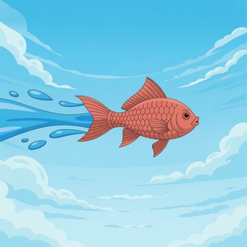 Bright red cartoon fish swimming freely in calm blue ocean water with cartoon aquatic illustration