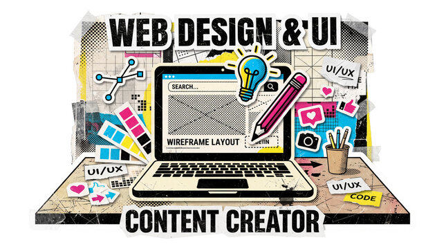 Web design, UI UX development, and digital content creation sticker concept with laptop and creative tools