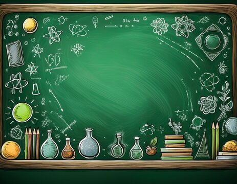 green classroom chalkboard with hand drawn science and education doodles forming a creative border around an empty copy space