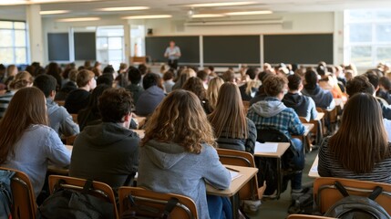 Obraz premium Students sit attentively in a large lecture hall