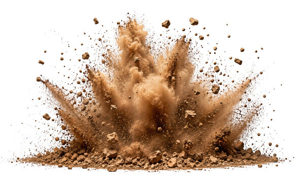 Explosion of brown soil or dust with debris isolated on transparent background