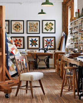 Cozy quilting workshop with vintage sewing machine and rustic decor in artisan studio