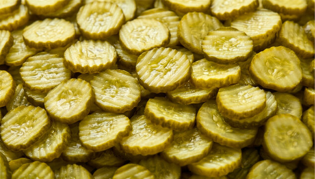 Full frame background featuring freshly sliced, wet crinkle-cut pickled cucumbers