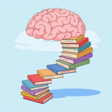 Creative illustration of human brain balanced atop colorful stacked books symbolizing knowledge