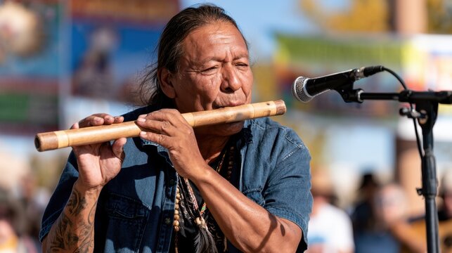 Cultural music performance by man playing traditional flute at outdoor event with live microphone setup