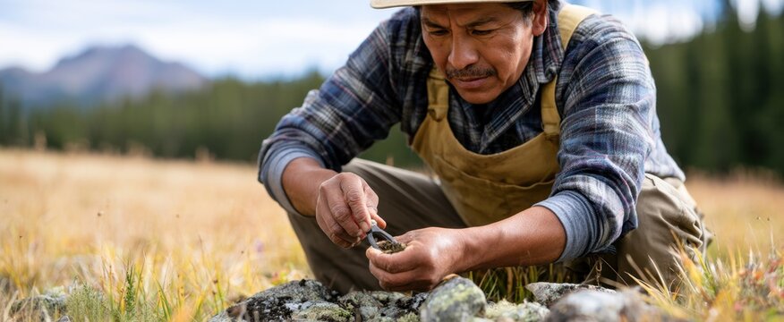 Man engaged in stone carving in countryside setting for nature crafting concept