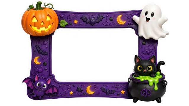 Halloween photo frame with pumpkin, ghost, cat, cauldron, bats, moons and stars isolated on transparent background
